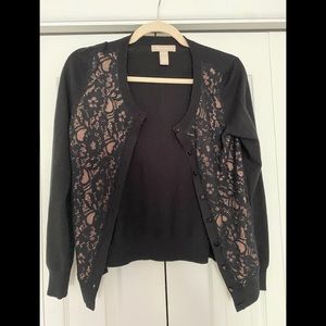 Banana Republic black cardigan w/black lace front nude underlay